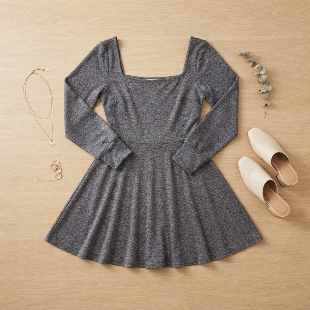 Lush Skater Dress Womens Large Steel Blue Square Neck Long Sleeve Ribbed Mini
